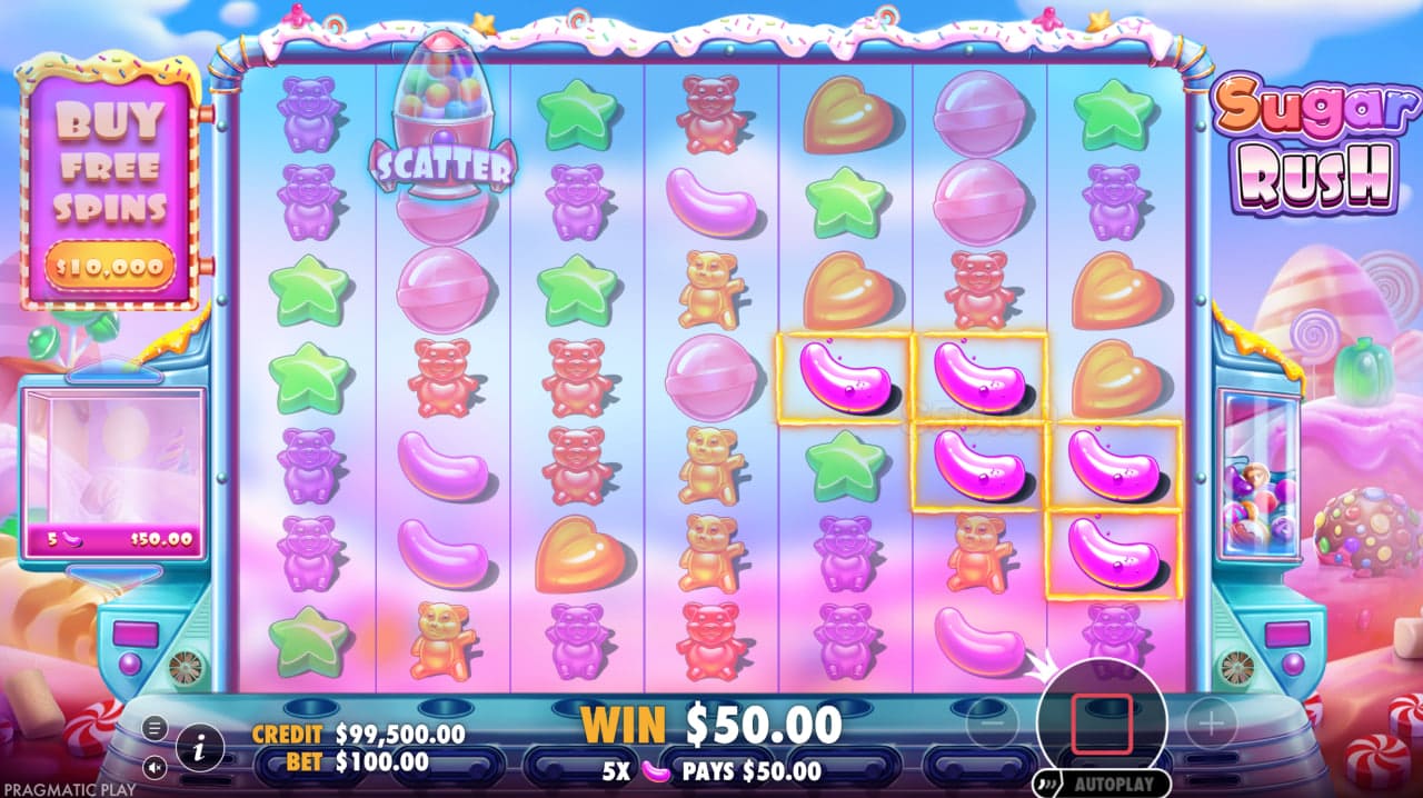 Multiplicadores progressivos do Sugar Rush acumulando durante cascata de vitórias