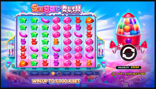 Gameplay do Sugar Rush mostrando símbolos de doces e pirulitos na grade colorida